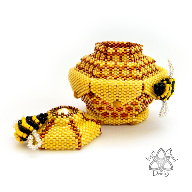 Bee-ded Honeypot, Peyote Stitch Pot with Lid, pdf Tutorial, English only. image 3