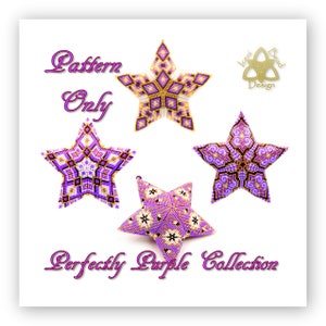 May include: Pattern only for a purple and gold beaded star ornament. The star is a 3D design with a geometric pattern. The text "Perfectly Purple Collection" is at the bottom of the image.
