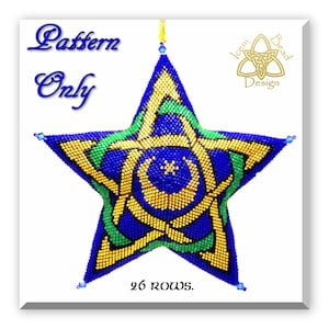 May include: A beaded star ornament pattern in blue, green, and gold colors. The pattern is for a 26-row star ornament. The pattern is from Iceni Bead Design.