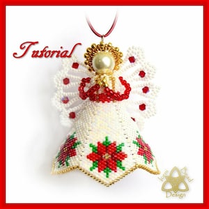 Peut inclure: Ornement en forme d'ange perlé, avec une tête de perle, un halo doré et des accents rouges. Le corps blanc présente un motif de poinsettia. Le mot "Tutorial" est écrit en script rouge.