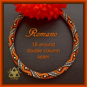 Può includere: Primo piano di una collana di perline di colore arancione, bianco e nero. La collana è realizzata con perline piccole e ha una cucitura a doppia colonna. Il testo "Romano 18 around double column seam" è visibile nell'immagine.