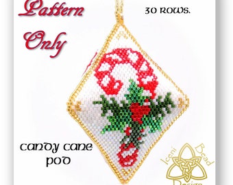 Candy Cane pod ornament, peyote stitch, pattern, instructions, pdf.