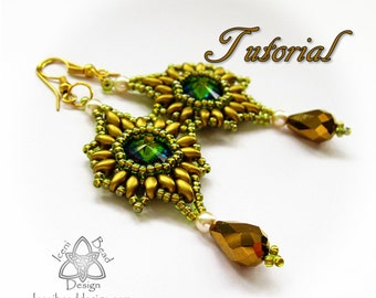 PDF Tutorial Aztec Sun Earrings with Super Duo Beads, Crystal Rivoli and Crystal Drops Pattern, Instructions, beadwork. English Only,