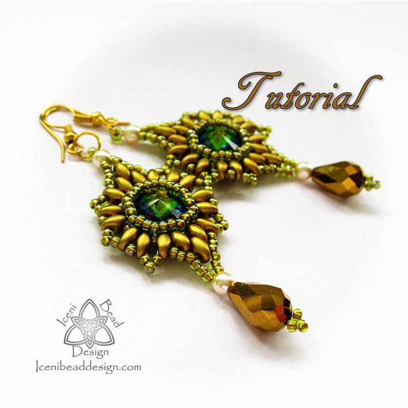 PDF Tutorial Aztec Sun Earrings with Super Duo Beads, Crystal Rivoli and Crystal Drops Pattern, Instructions, beadwork. English Only, image 1