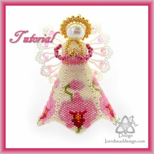 May include: A beaded angel ornament with a white dress, pink flowers, and gold halo. The angel is holding a pink beaded ring in her hands. The ornament is a tutorial for beading.