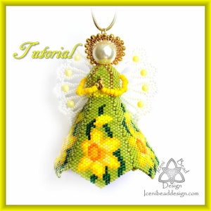 May include: A beaded angel ornament with a green dress, yellow flowers, and white wings. The angel is wearing a gold halo and has a pearl in the centre. The ornament is hanging from a gold chain. The text "Tutorial" is in the top left corner of the image. The text "Iceni Bead Design" is in the bottom right corner of the image.