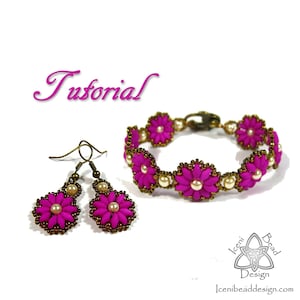 May include: A pink beaded flower bracelet and matching earrings. The bracelet has a clasp closure and the earrings have a drop design. The jewelry is made with small beads and has a delicate look.