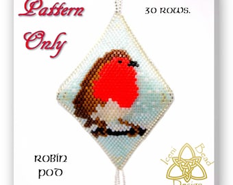 Christmas Robin pod ornament, peyote stitch, pattern, instructions, pdf.