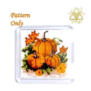 Puede incluir: Un bloque cuadrado de acrílico transparente con un diseño de cuentas de tres calabazas naranjas con hojas verdes y follaje otoñal naranja. Las palabras "Pattern Only" están en texto naranja. Tema de otoño.