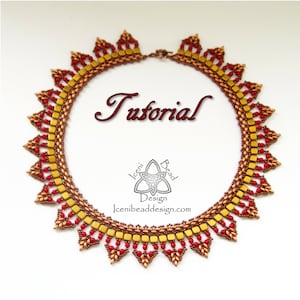 May include: A gold and red beaded necklace with a geometric design. The necklace is made with small seed beads and larger square beads. The necklace is called "Tutorial" and is from Iceni Bead Design.