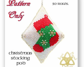 Christmas Stocking pod ornament, peyote stitch, pattern, instructions, pdf.