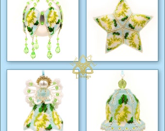 Bead Pattern: Christmas Rose Ornament Set Bell, Ornament Cover, Angel and Star, pdf. tutorial. English only