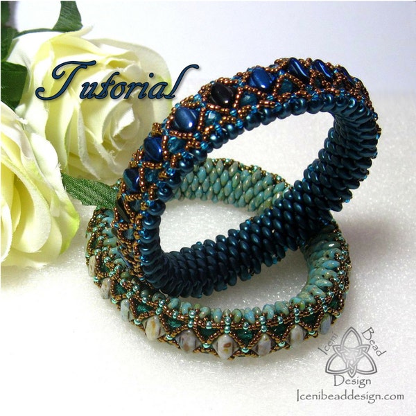 Pdf Tutorial Beadwork Monique Bangle with Silky Beads,  Super Duo Beads, Fire Polish Crystals. English Only, Pattern, Instructions.