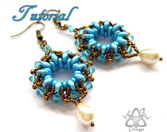 May include: A pair of blue and gold beaded earrings with a pearl drop. The earrings are made with small seed beads and feature a circular design. The earrings are labeled "Tutorial" and "Iceini Bead Design".
