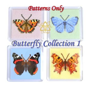 Può includere: Quattro disegni quadrati con motivi a farfalla in una custodia di plastica trasparente. Le farfalle sono in vari colori, tra cui arancione, blu e nero, con il testo "Patterns Only" e "Butterfly Collection 1".