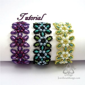 May include: Three beaded bracelets with flower designs. The bracelets are purple, teal and green, and white and gold.