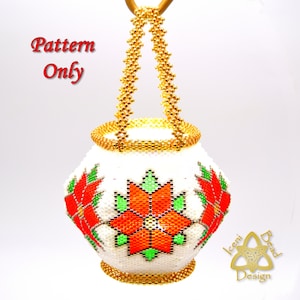 May include: A white beaded ornament with a gold beaded handle and a poinsettia floral pattern in red, orange, and green. The text "Pattern Only" appears in red on the left, and the gold "Iceni Bead Design" logo is in the bottom right corner.