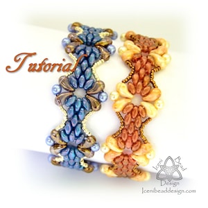 May include: Two beaded bracelets, one in shades of blue and brown, the other in shades of orange and brown. Both bracelets feature a repeating pattern of flower-like shapes.