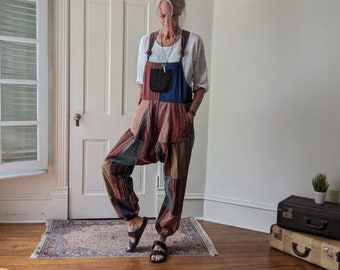 SALE - "HAREM" Boho Overalls Himalayan Nepal Cotton Drop Crotch Patchwork Bib / by Breathe-Again Clothing