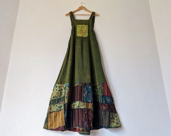 NEW -  Cotton Patchwork Apron Bib Dress / Boho "NEPAL" Overall Maxi Dress  / by Breathe-Again Clothing