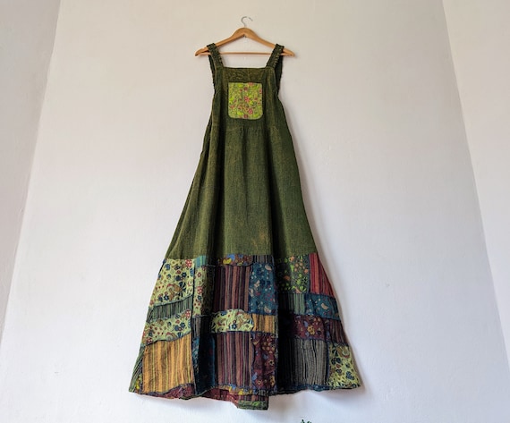 maxi dress in nepal Patchwork Apron Bib Dress / Boho NEPAL Cotton Overall Maxi Dress / by Breathe-Again Clothing