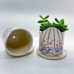 May include: Two off-white ceramic planters with matching saucers. One planter is upright, filled with a green succulent. The other planter is on its side. Both planters feature a blue and pink floral design. The saucers have a stitched blue border.