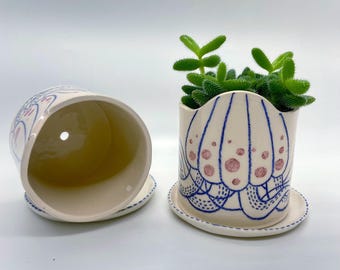 Maneter handgjord och illustrerad keramisk blomkruka för små suckulenter