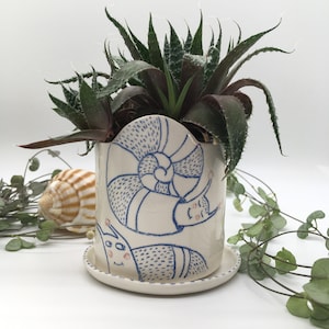 Cheerful snails handmade and illustrated ceramic flowerpot for small succulents
