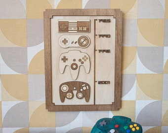 Timeline Décoration murale bois consoles rétro jeux vidéos pixels gaming room geek vintage idée cadeau gamer nintendo nostalgie 80s