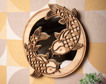 Koi carp mirror Wooden wall decoration Traditional Japan Fish garden animal Japanese tradition nihongo gift idea asia nishikigoi