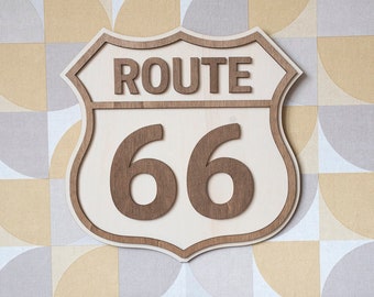 Route 66 panel board wall decoration in vintage wood USA retro car road trip American travel legend gift idea US culture