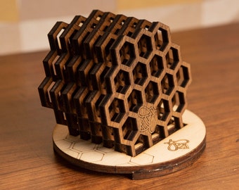 Set of 6 coasters honeycomb honeycomb bumblebee wood retro vintage hexagonal gift box housewarming beekeeping whiskey