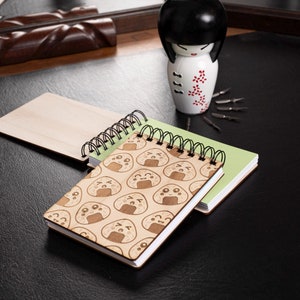 Kawaii Onigiri Engraved Wooden A6 Notebook – Diary, Recipes, Notes, Handmade Stationery Made in France