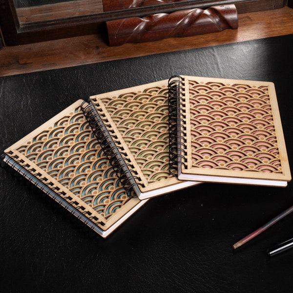 Carnet de notes A5 spirale bois clair journal bullet notebook livre d'or mariage recettes japonais motif traditionnel vague rechargeable