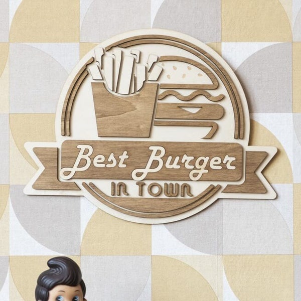 Best Burger in Town Hamburger diner Dinner restaurant vintage retro American US fast food fries sandwich wooden decoration kitchen