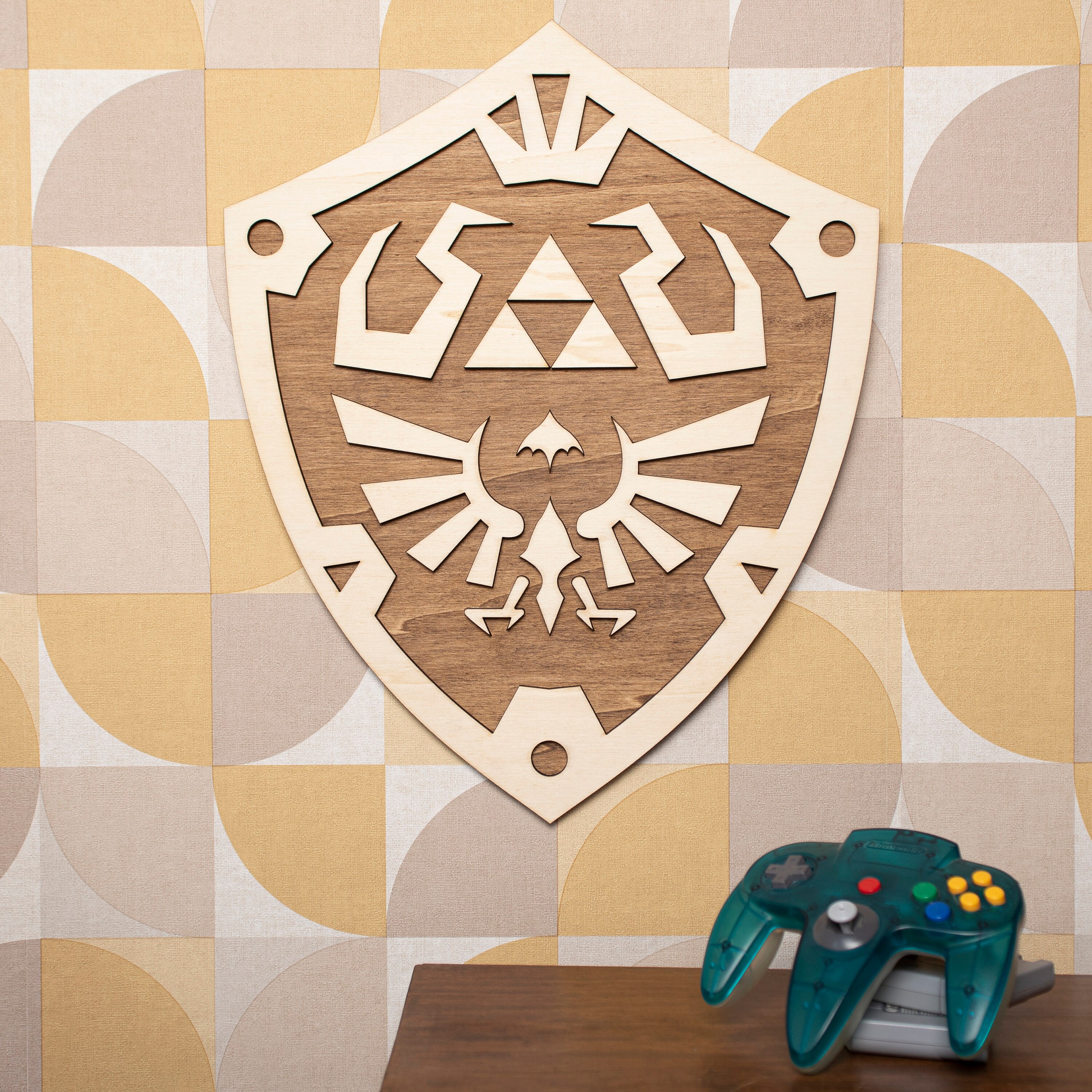 Legend Of Zelda Bouclier Hylien Rétro Gaming Décoration Murale en Bois Cadeau Geek Gamer Fanart Room