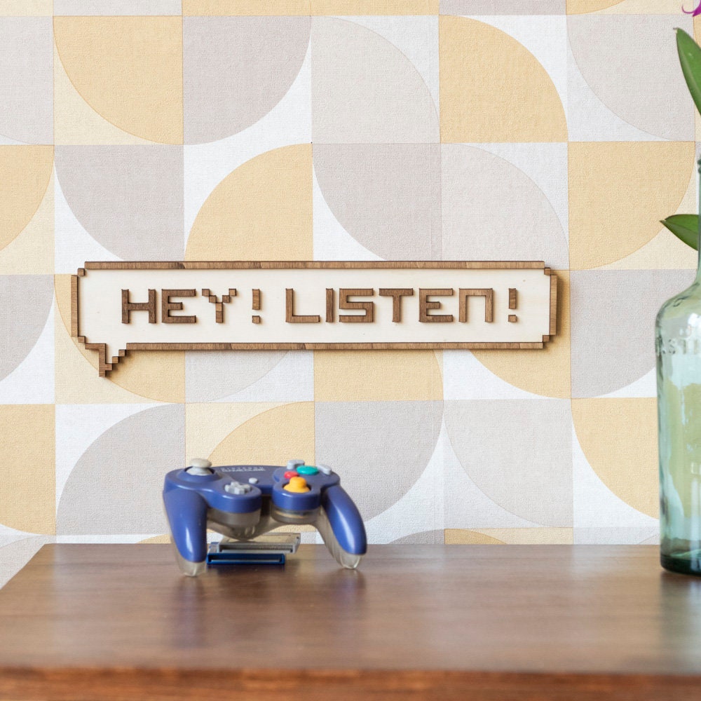 Bulle Hey Listen Décoration Murale en Bois Geek Jeux Vidéos Rétrogaming Legend Of Zelda Navi Pixels