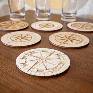 Set of 6 Rose des Vents coasters Steampunk travel vintage retro compass image 1