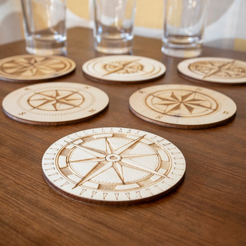 Set of 6 Rose des Vents coasters Steampunk travel vintage retro compass image 1