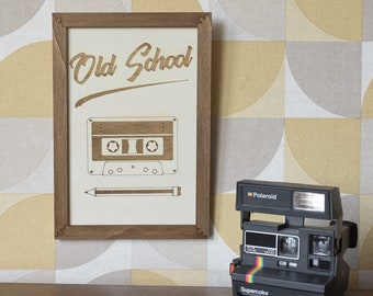 Old School tableau décoratif mural gravure geek nerd vintage retro cassette musique crayon années 80 90 souvenir cadeau enfance nostalgie