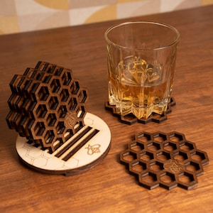 Set of 6 honeycomb bumblebee wood coasters retro vintage hexagonal housewarming gift box beekeeping whiskey