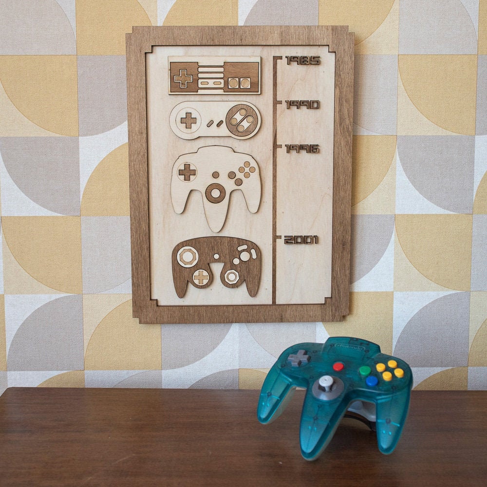 Timeline Décoration Murale Bois Consoles Rétro Jeux Vidéos Pixels Gaming Room Geek Vintage Idée Cade