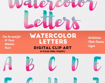 Watercolor Letters Clipart, Pink Blue Gradient Hand Lettering, Numbers, Alphabet, Transparent