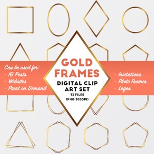 Molduras de ouro, clipart de borda digital de cristal geométrico, logotipo de cartões de convites de formas de noiva - uso comercial OK Frame Clip Art Overlay