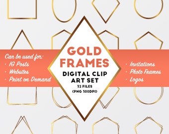 Gold Photo Frames, Geometric Crystal Digital Border ClipArt, Bridal Shapes Invitations Cards Logo - Commercial Use OK Frame Clip Art Overlay