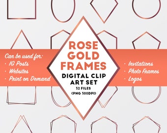 Rose Gold Frames, Geometric Polygonal Digital Borders ClipArt, Bridal Photos Invitations - Commercial Use OK, Digital Download, Clip Art