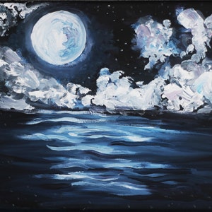 Moon at sea Art Print- dreamlike, moonlight, moonshine, dark sea, dark art, night time painting, seascape, moon painting, art, blue moon