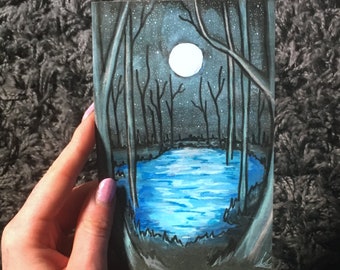 Moonlight Lake Print-  moon painting, eerie art, lake painting, moon art, blue lake, starry night, dark art print, gothic print, forest art