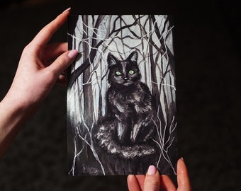 Black Cat Art Print, witchy art, gothic painting, cat painting, spooky cat, dark art print, gothic art, witches cat, horror art, cat art