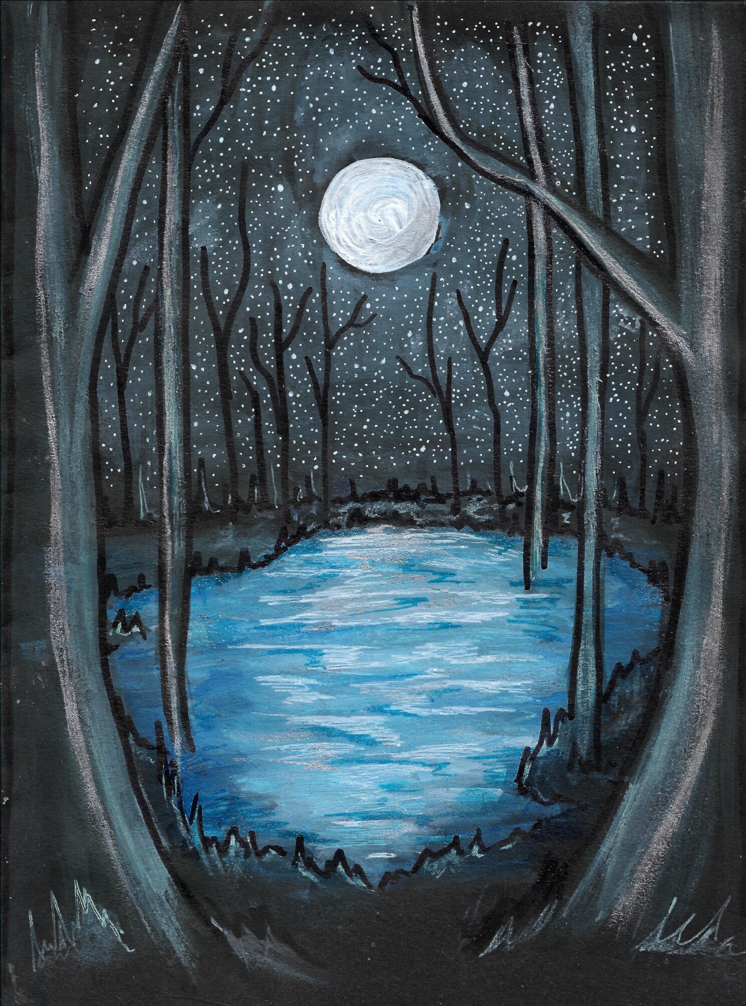 絵画(moonlight ) Moonlight Lake Print- Moon Painting, Eerie Art, Lake Painting